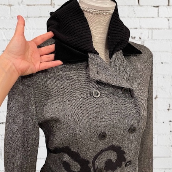 100% Wool Gray Black Lace with Hoodie Pleated Jacket Pea Coat Double Breasted - Picture 7 of 10